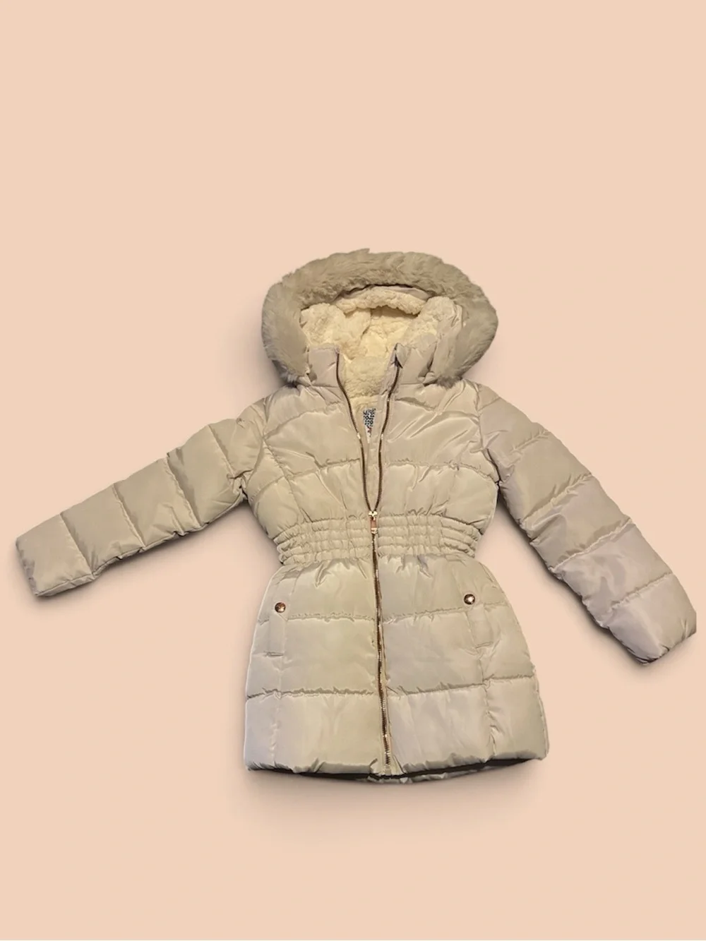 Kensie Girl NWT Cream Puffer Jacket with Hood Faux Fur